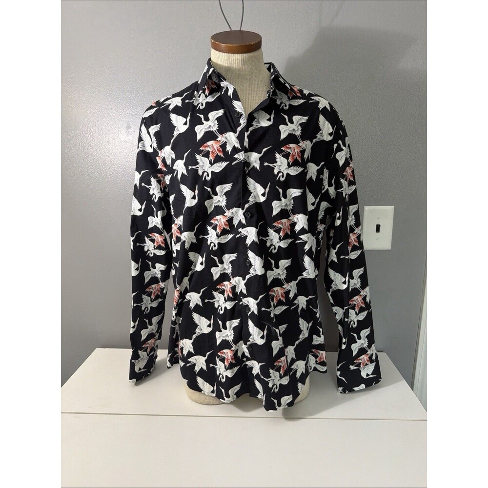 Men’s Express Lg Slim 1MX Black Crane Pattern Button Down Long sleeve shirt NWT